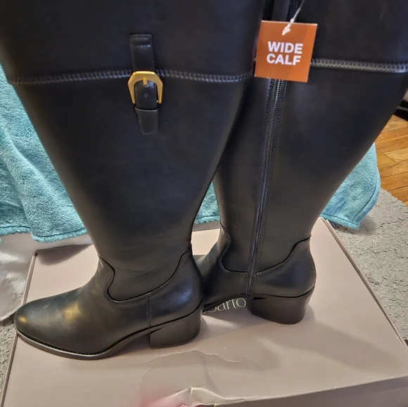 Franco Sarto Black Leather Knee High Wide Calf Boots - Picture 4 of 7